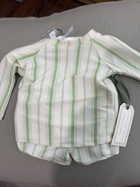 Edgehill Collection Cream & Light Green Striped Baby Swimsuit and Rashguard